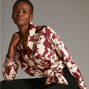 Anthropologie Hutch Nyla Wrap Blouse Floral Shirt Wine Cream Size Medium